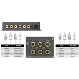 RCA connection guide mapping AXAMP front and rear outputs to DSP amplifier inputs