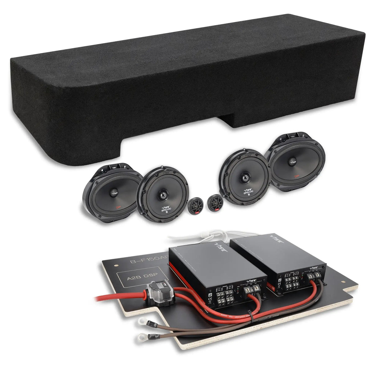 Audio components with a long black enclosure, oval and round speakers, tweeters and a prewired two-amplifier board