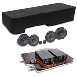 Audio components with a long black enclosure, oval and round speakers, tweeters and a prewired two-amplifier board
