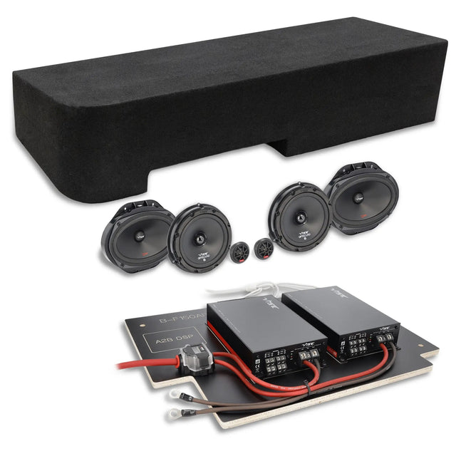 Audio components with a long black enclosure, oval and round speakers, tweeters and a prewired two-amplifier board
