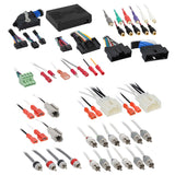 Audio interface, RCA leads and connector adapters laid out for a vehicle audio kit