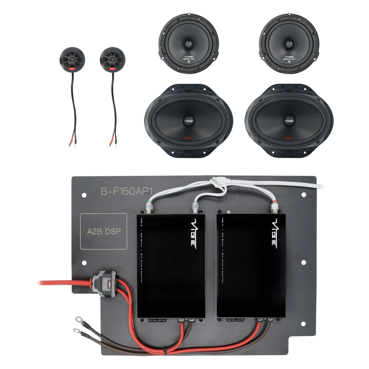 VIBE speaker and tweeter set with two wired amplifiers mounted on a labeled equipment plate