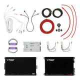 VIBE amplifier and interface kit laid out with wiring harnesses, RCA cables, coiled power cable and installation hardware