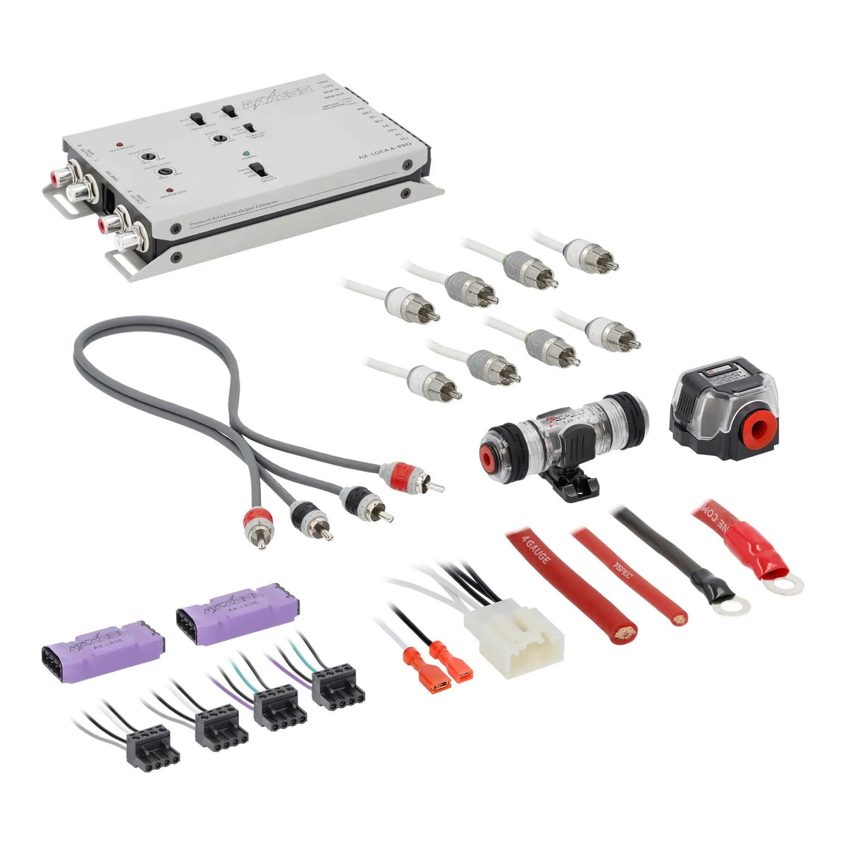 Silver audio interface with RCA leads, wiring harnesses, power terminals and a fuse holder