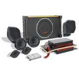 Audio kit with a grille-covered VIBE subwoofer enclosure, speaker pods, loose speakers and a wired amplifier panel