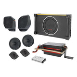Angled arrangement of a VIBE subwoofer enclosure, speaker pods, speakers, amplifiers and a silver interface