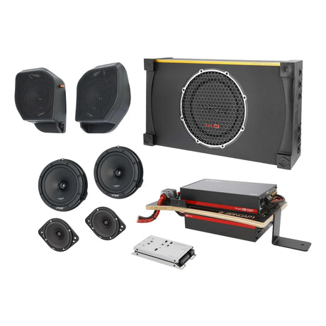 Angled arrangement of a VIBE subwoofer enclosure, speaker pods, speakers, amplifiers and a silver interface
