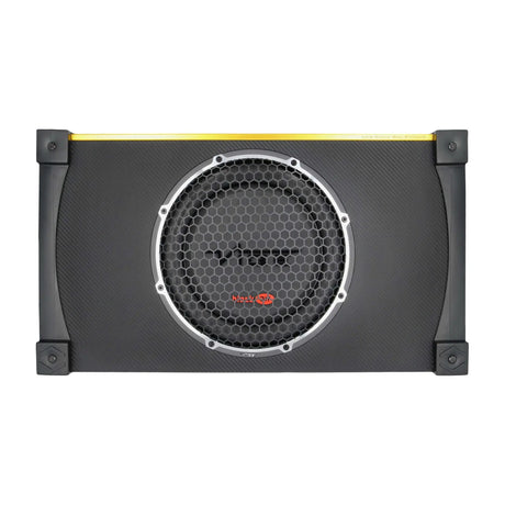 Front view of a VIBE subwoofer enclosure with a round mesh grille, yellow top trim and black corner brackets