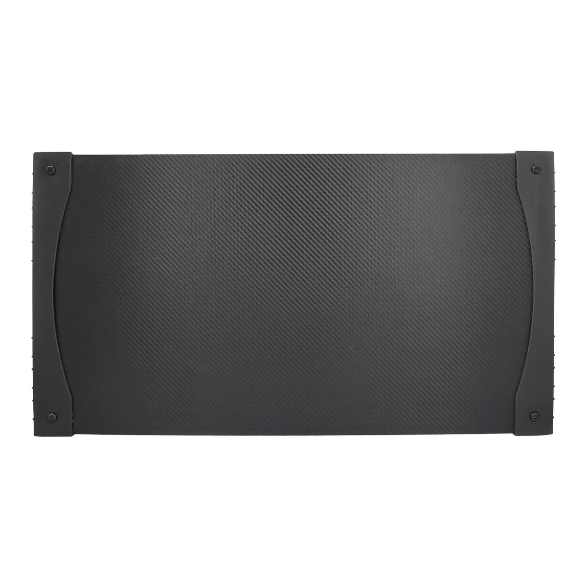 Rear view of a rectangular carbon-pattern subwoofer enclosure with side mounting brackets