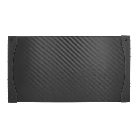 Rear view of a rectangular carbon-pattern subwoofer enclosure with side mounting brackets