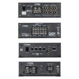VIBE Powerbox 80.6-8 DSP and 650.1 Mini amplifier connection panels, showing inputs, outputs and controls