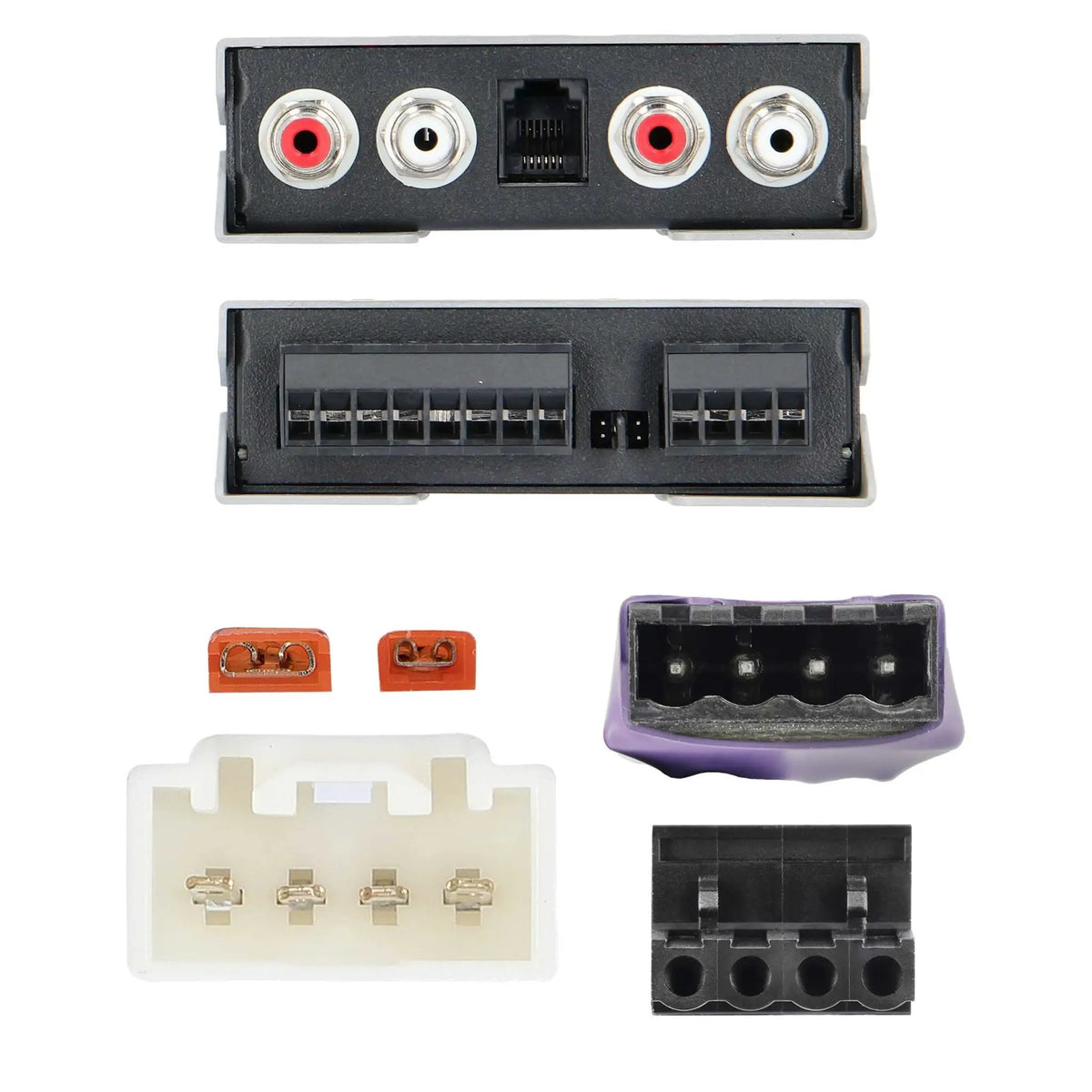Audio interface connection panels with fuses and white, purple and black harness adapters