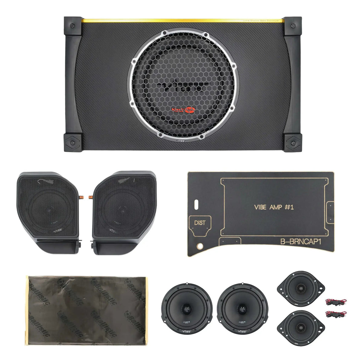 VIBE subwoofer enclosure, speaker pods, loose speakers and mounting panels arranged on white