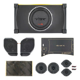 VIBE subwoofer enclosure, speaker pods, loose speakers and mounting panels arranged on white