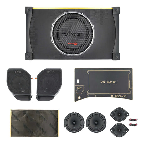 VIBE subwoofer enclosure, speaker pods, loose speakers and mounting panels arranged on white