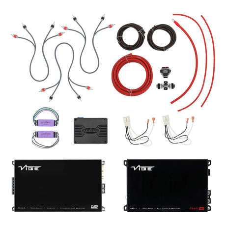 VIBE amplifiers and interface module laid out with wiring harnesses, RCA leads, power cable and installation hardware