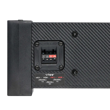 VIBE subwoofer terminals with a printed guide showing 1-ohm parallel and 4-ohm series voice-coil wiring