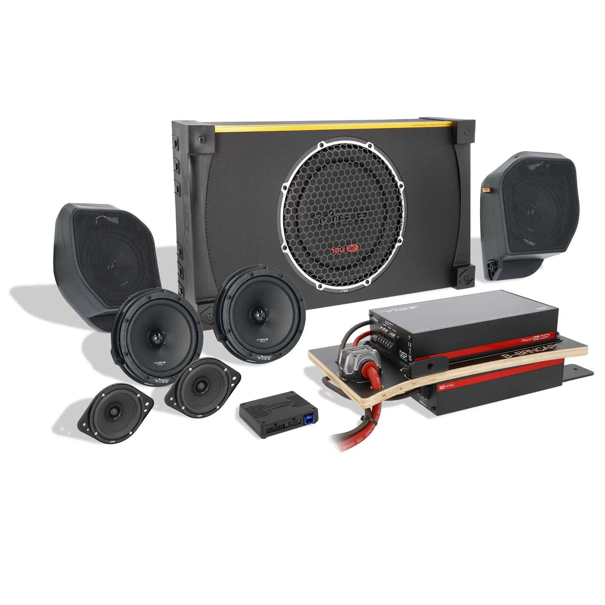 VIBE audio kit with a grille-covered enclosure, speaker pods, speakers, dual amplifiers and an Axxess interface