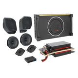 Angled view of a VIBE audio kit with a subwoofer enclosure, speakers, amplifier panel and Axxess interface