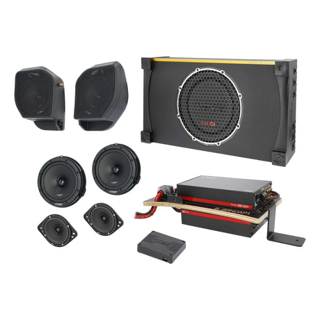 VIBE subwoofer enclosure and speaker pods behind loose speakers, with a dual-amplifier panel at right