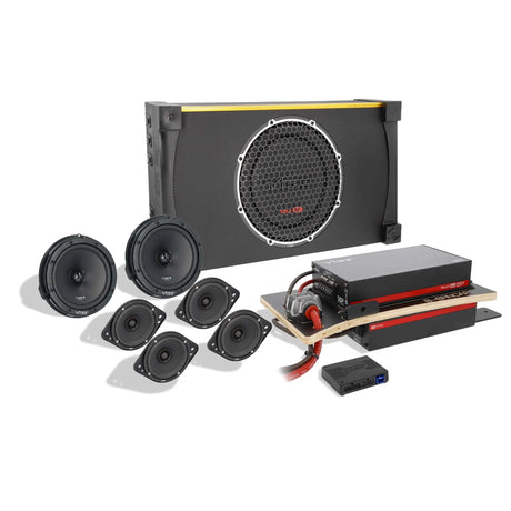Audio kit with a shallow grille-covered enclosure, six speakers, stacked amplifiers and a small interface module