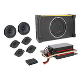 Audio kit with a gridded subwoofer enclosure, five speakers, amplifiers and an interface module