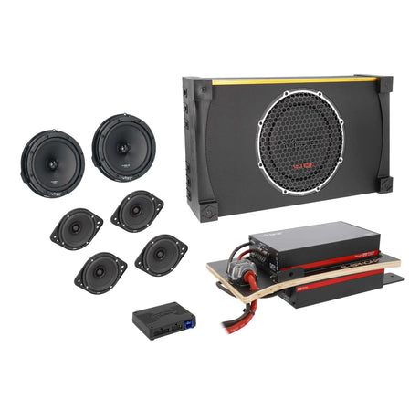 Audio kit with a gridded subwoofer enclosure, five speakers, amplifiers and an interface module