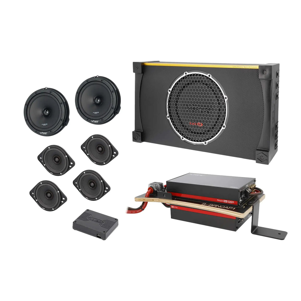 VIBE audio kit arranged with a grille-covered subwoofer enclosure, speaker set, amplifier assembly and interface module