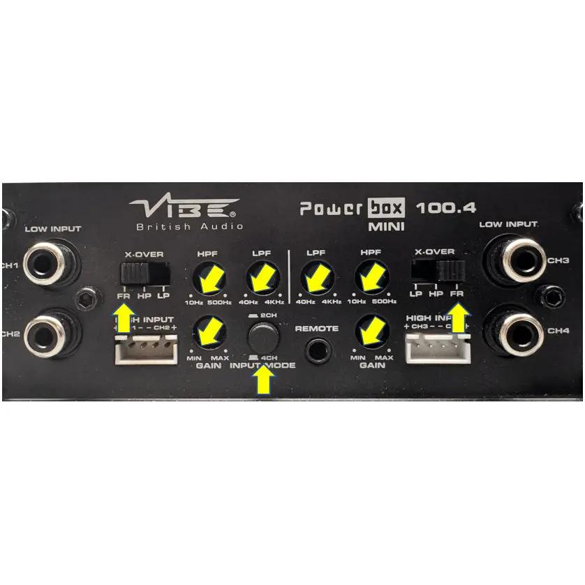 VIBE Powerbox 100.4 Mini setup photo indicating full-range crossover positions, four-channel input mode and marked filter and gain settings