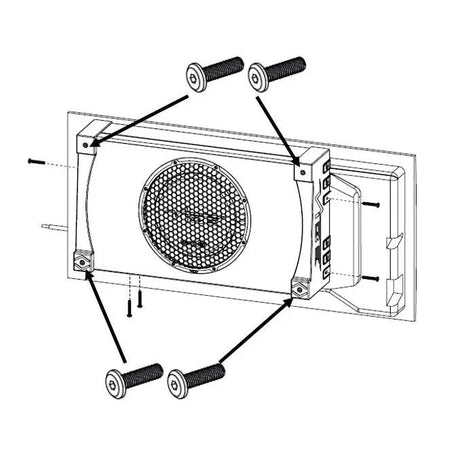 Subwoofer enclosure installation diagram showing four corner bolts securing it to the tailgate brackets