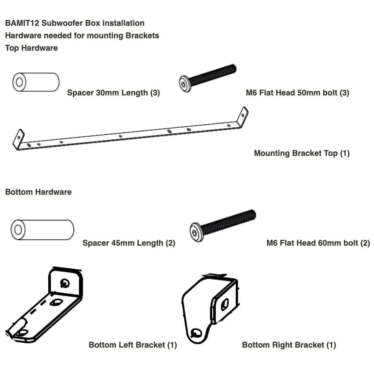 BAMIT12 mounting-hardware guide showing top and lower brackets, spacers and M6 bolts