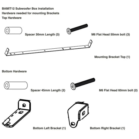 BAMIT12 mounting-hardware guide showing top and lower brackets, spacers and M6 bolts