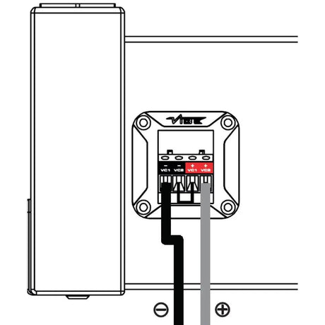 Subwoofer wiring diagram showing the black lead to the negative terminal and gray lead to the positive terminal
