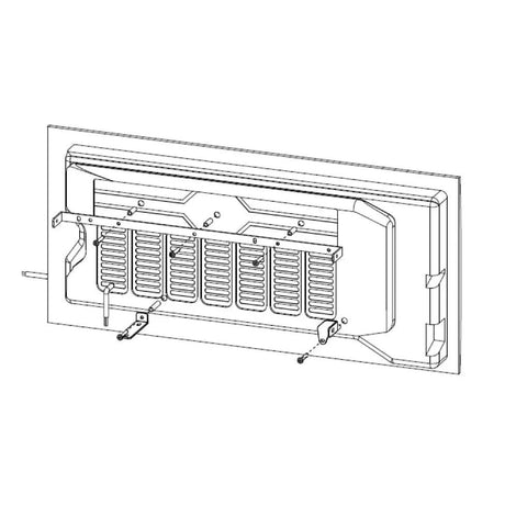 Jeep tailgate enclosure installation drawing showing upper and lower bracket positions around the vent panel