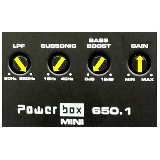 Powerbox 650.1 Mini settings guide: maximum low-pass, minimum subsonic and bass boost, and gain at the midpoint