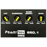 Powerbox 650.1 Mini settings guide: maximum low-pass, minimum subsonic and bass boost, and gain at the midpoint