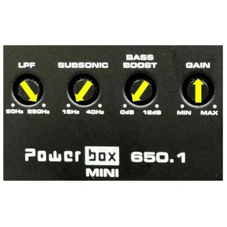 Powerbox 650.1 Mini settings guide: maximum low-pass, minimum subsonic and bass boost, and gain at the midpoint