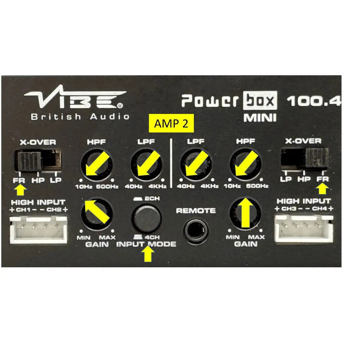 VIBE Powerbox amplifier 2 setup photo marking full-range crossovers, four-channel input mode and the filter and gain positions
