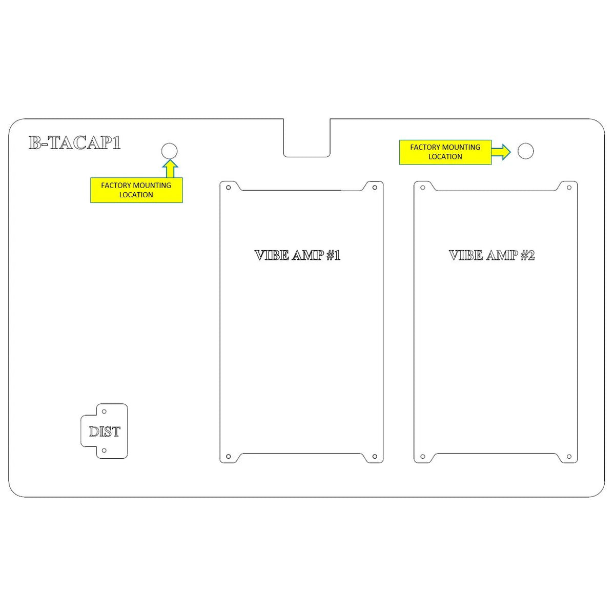 B-TACAP1 amplifier-board layout marking two factory mounting holes, two amplifier positions and the distribution block