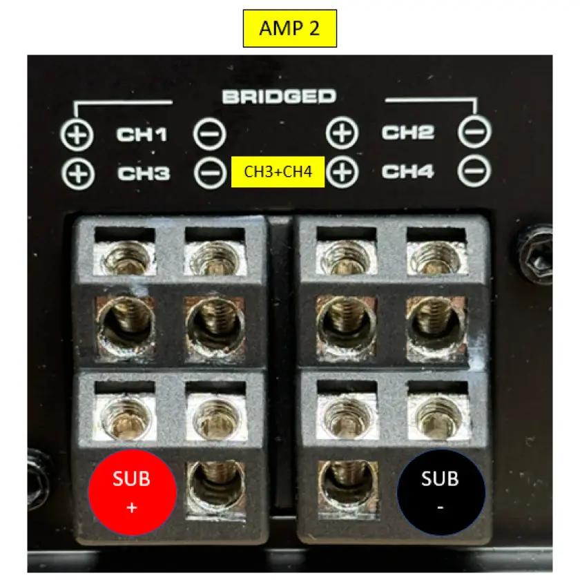 Amplifier 2 terminal diagram marks the subwoofer positive at channel 3 positive and negative at channel 4 negative for bridging