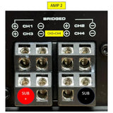 Amplifier 2 terminal diagram marks the subwoofer positive at channel 3 positive and negative at channel 4 negative for bridging